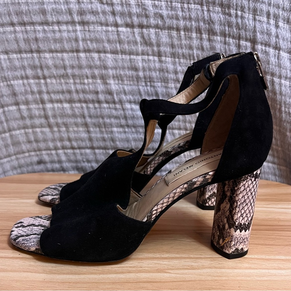ANTONIO MELANI Black and Snake Print Heels